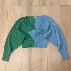 AMUR Green Blue Ribbed Twist Front Cropped Cardigan Size S